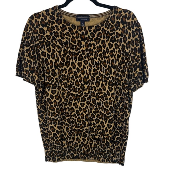 Lands' End 100% Cotton Chic Leopard Print Short Sleeve Large Sweater - Picture 1 of 8